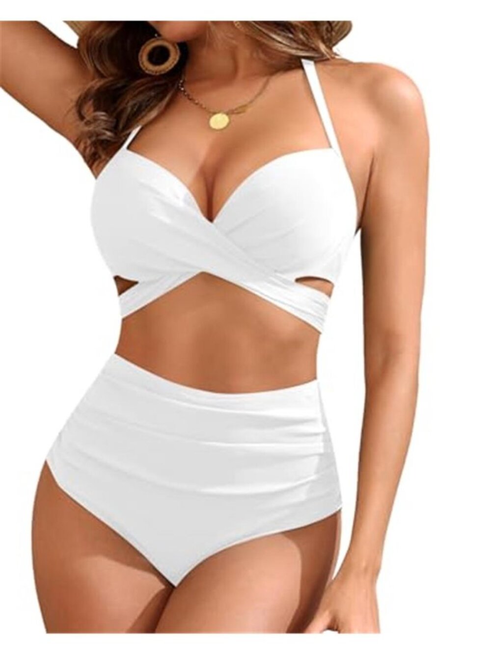 White Halter Bikini Set High Waisted Tummy Control Underwire Push Up Swimwear